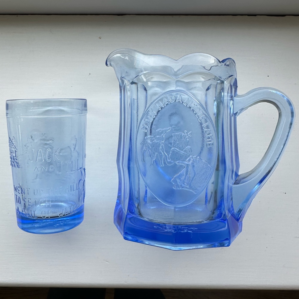 Vintage Tiara Child’s Nursery Rhyme Blue Mini Pitcher with Jack & Jill Tumbler